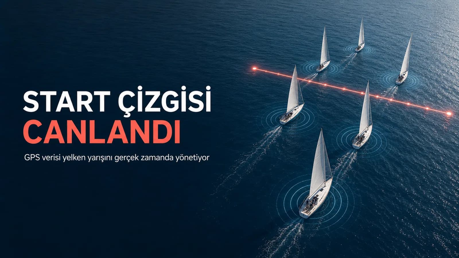 GPS konum halkalarıyla parlak dijital start çizgisine yaklaşan yelkenliler