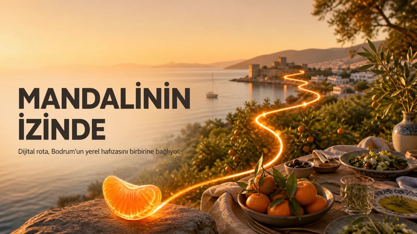Mandalina bahçesinden Bodrum kıyılarına uzanan ışıklı bir rotayı gösteren editoryal kapak