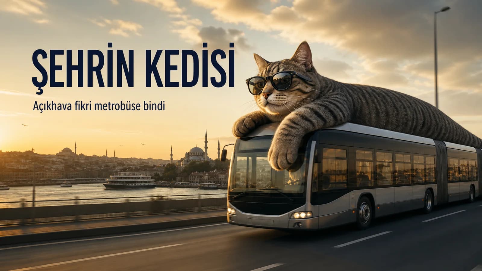 Güneş gözlüklü şehir kedisinin metrobüs yolculuğunu anlatan kampanya kapağı