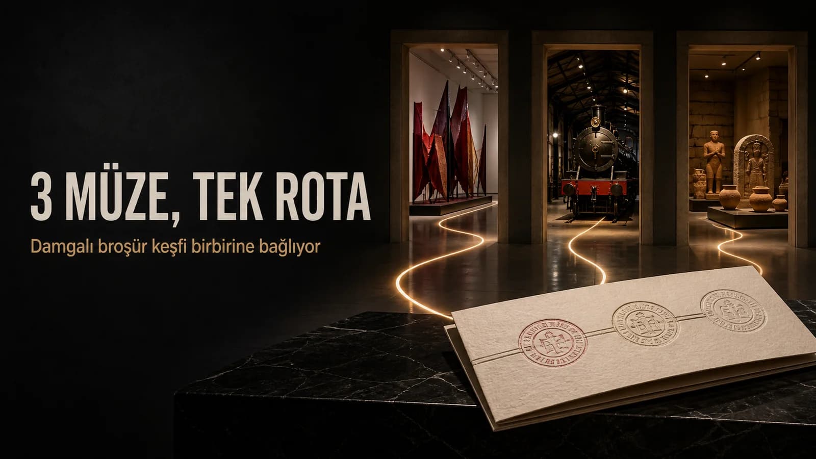 Çağdaş sanat, endüstri tarihi ve arkeoloji galerilerini damgalı broşürle bağlayan editoryal kapak