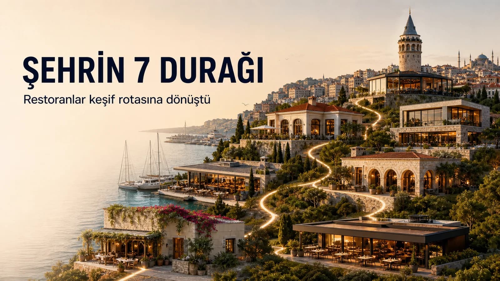 Farklı şehir mimarilerindeki yedi restoranı ışıklı bir keşif rotasıyla bağlayan editoryal kapak