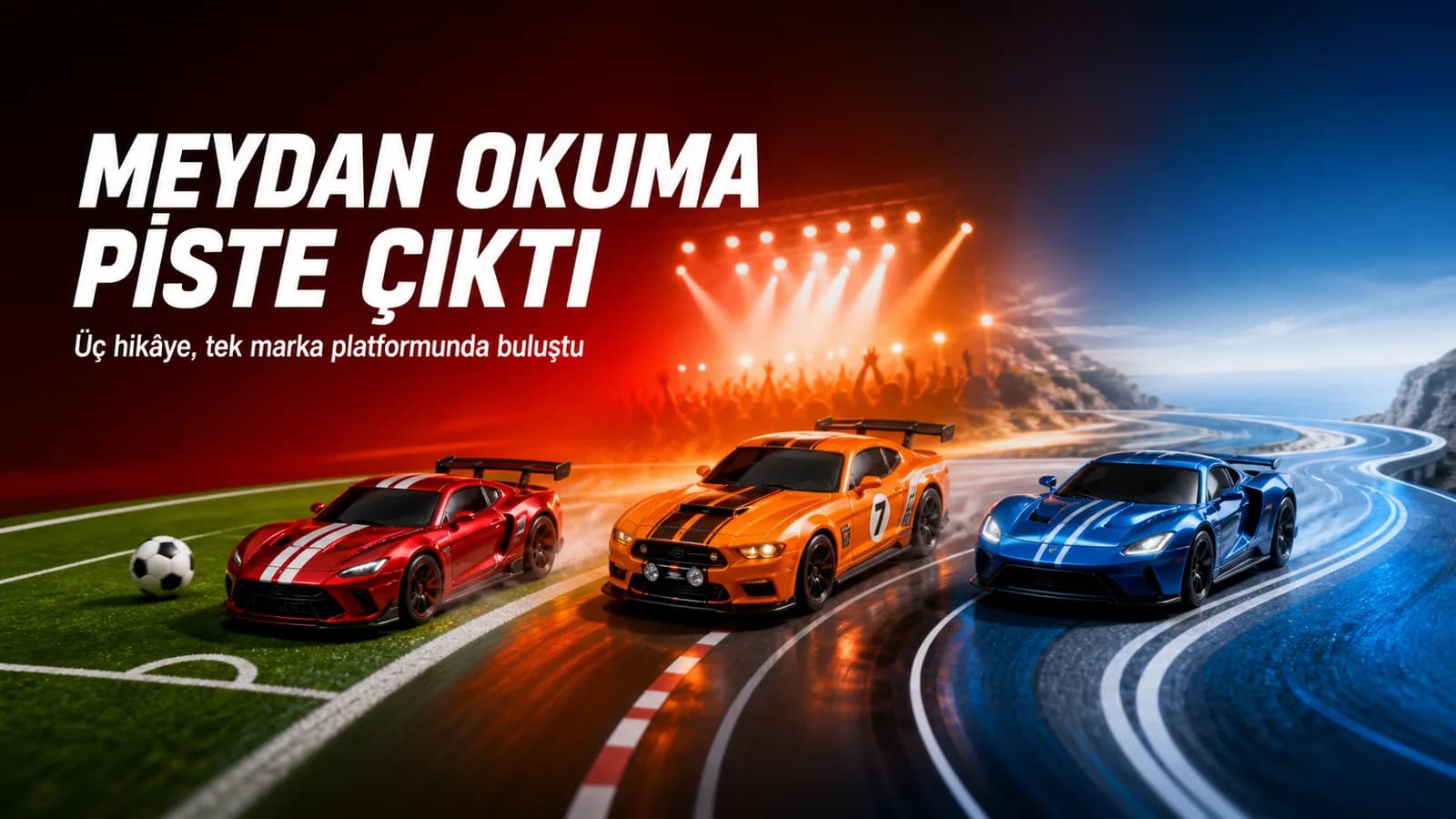 Futbol sahası, konser ışıkları ve yarış pistini üç model otomobille birleştiren editoryal kapak