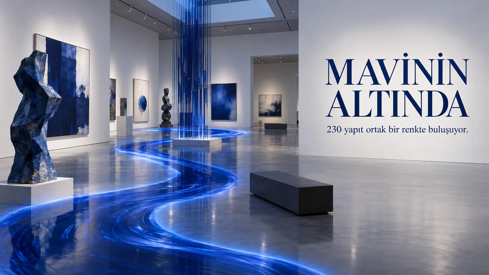 Mavi ışık nehriyle birbirine bağlanan sanat yapıtlarını gösteren Mavinin Altında başlıklı editoryal kapak