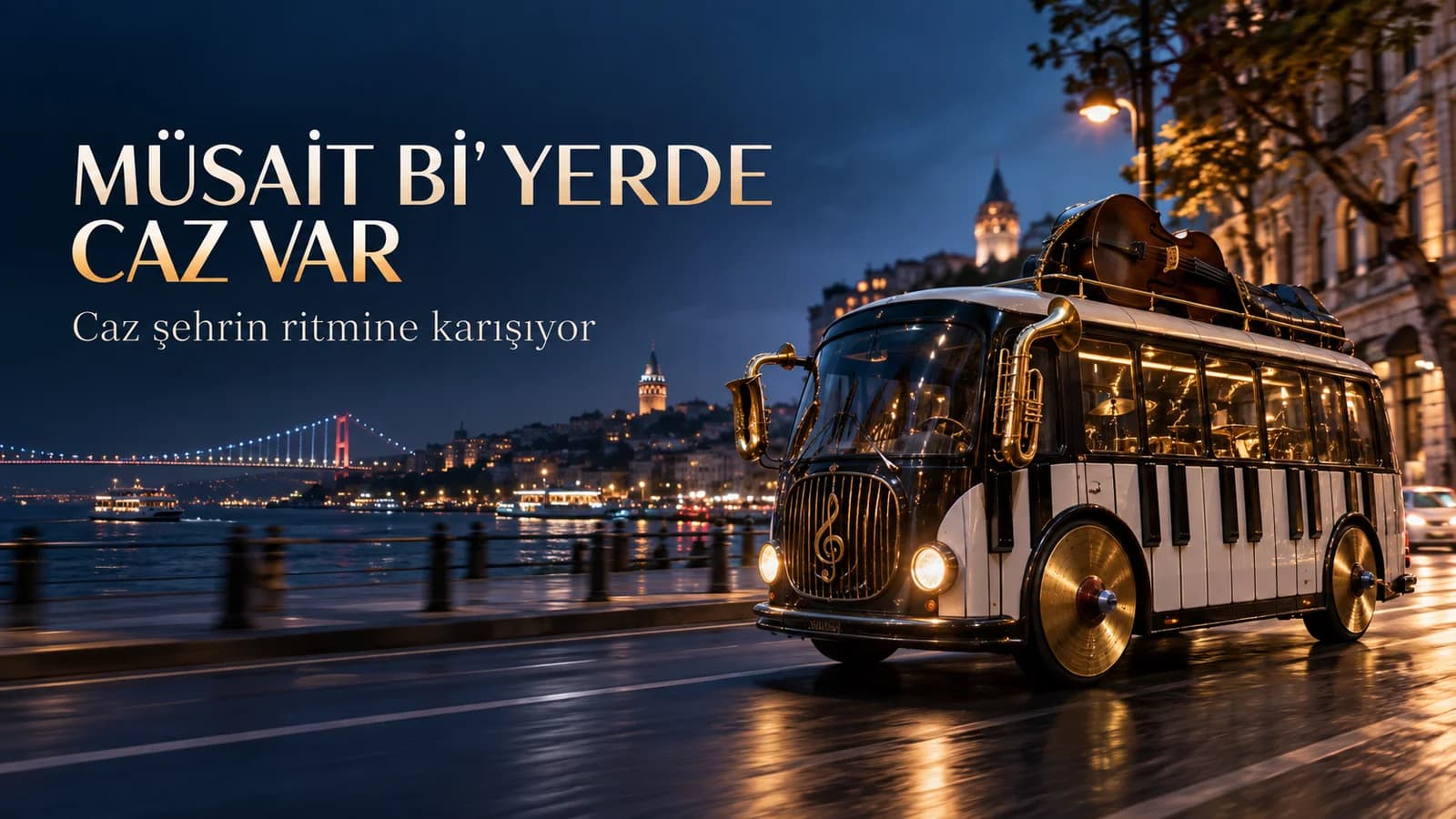 Enstrüman detayları taşıyan CazMobil aracını İstanbul gecesinde gösteren editoryal kapak