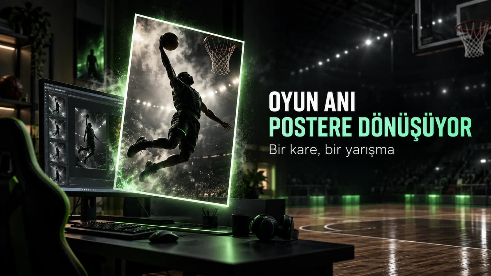 Bilgisayar ekranındaki basketbol anının ışıklı bir postere dönüştüğü editoryal kapak