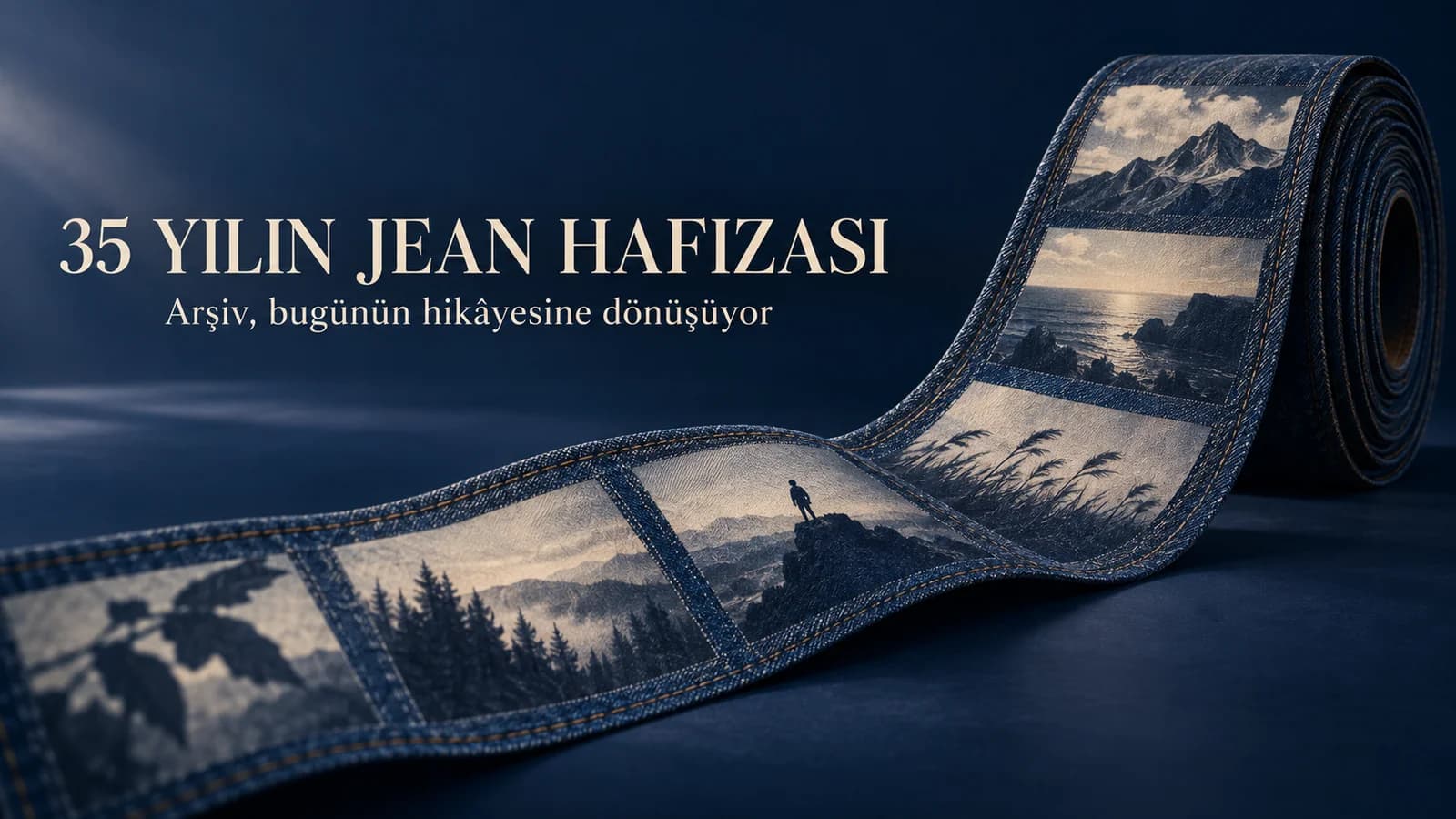 Arşiv fotoğraflarıyla katmanlanan mavi jean kumaşını gösteren Mavi kampanyası editoryal kapağı