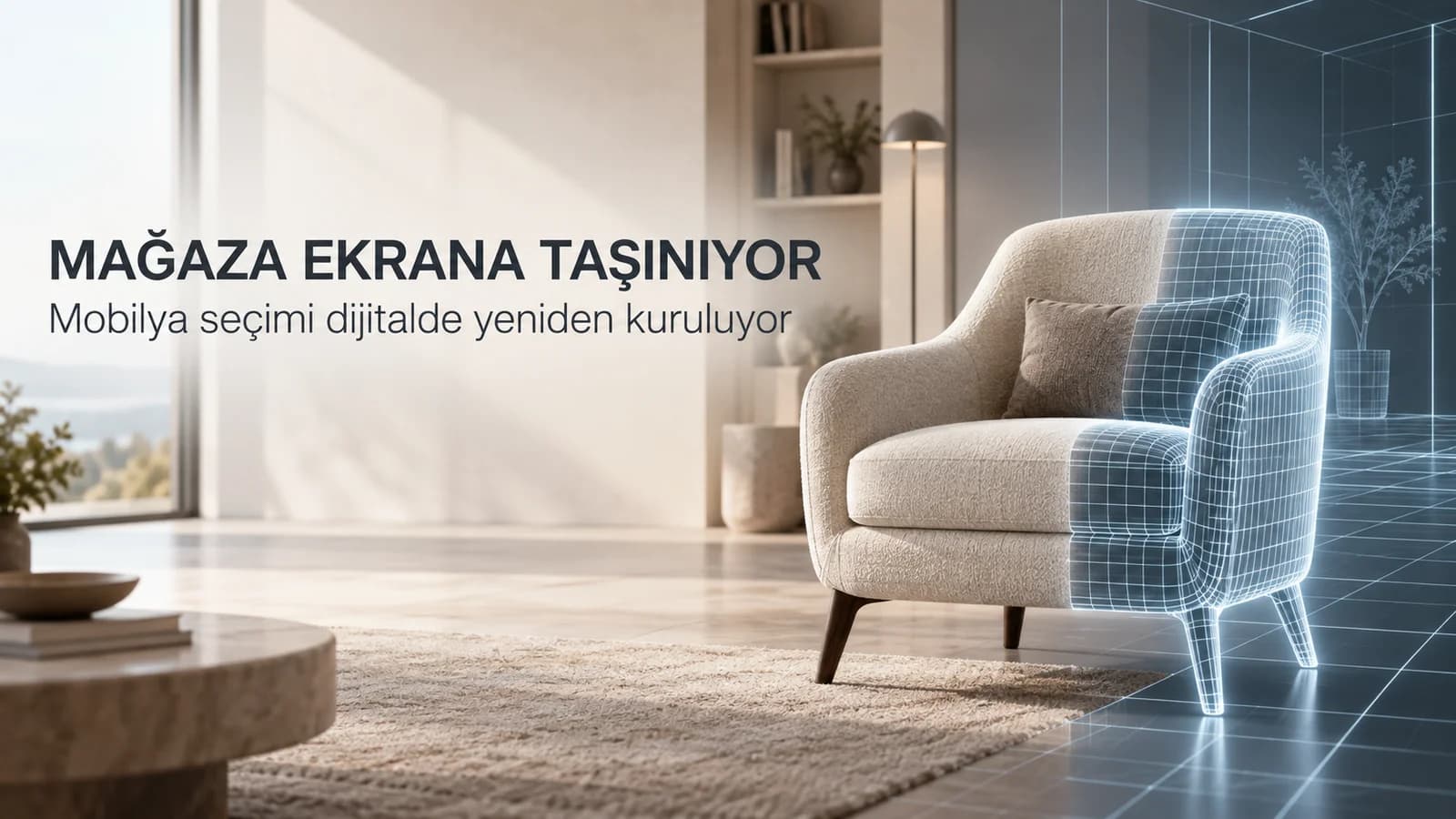 Bir mobilya mağazası planının dizüstü bilgisayar ekranına dönüştüğü dijital mağaza temalı editoryal kapak