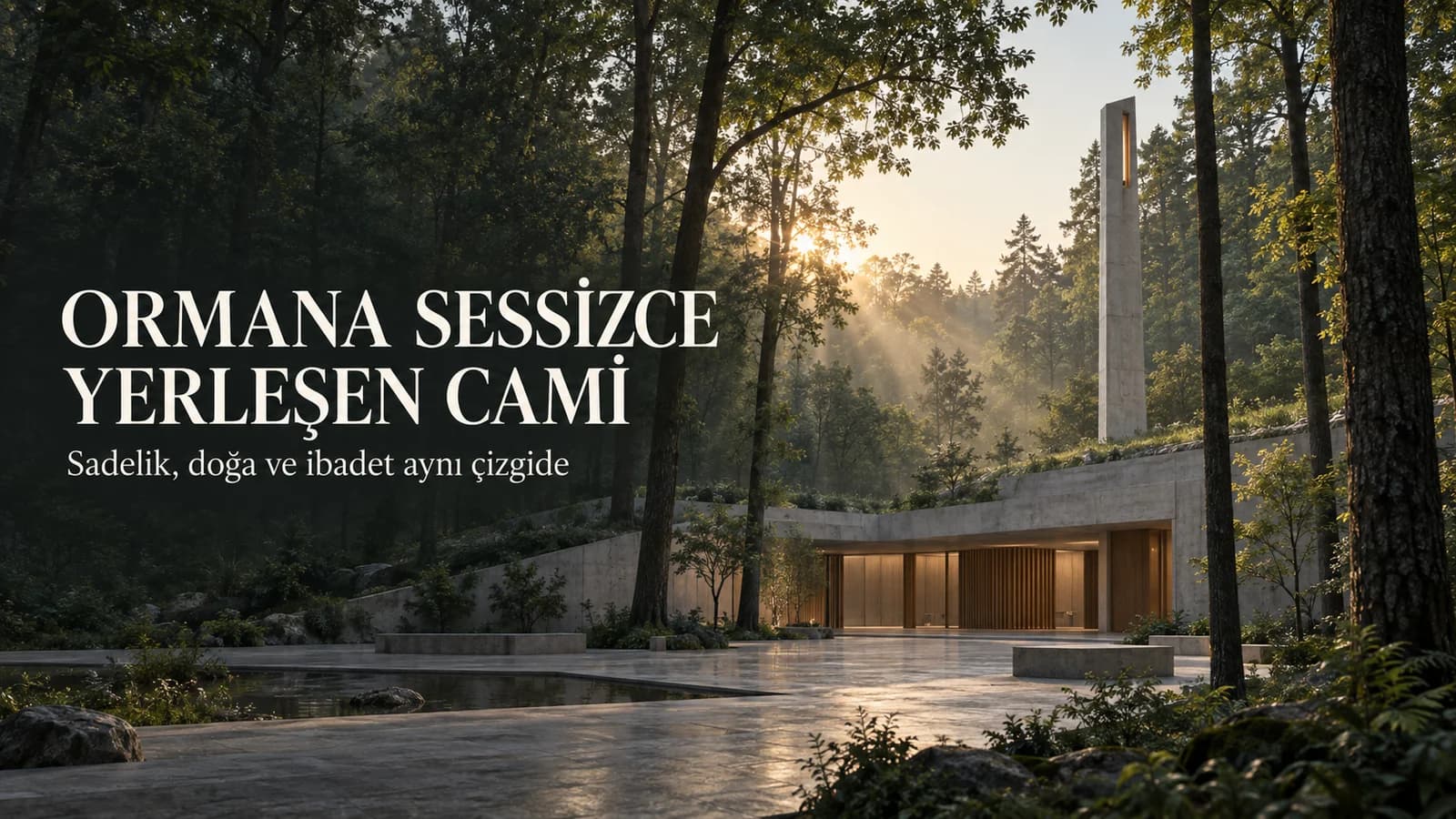 Yoğun orman içinde alçak beton cami ve ince dikey minareyi gösteren Green Mosque editoryal kapağı