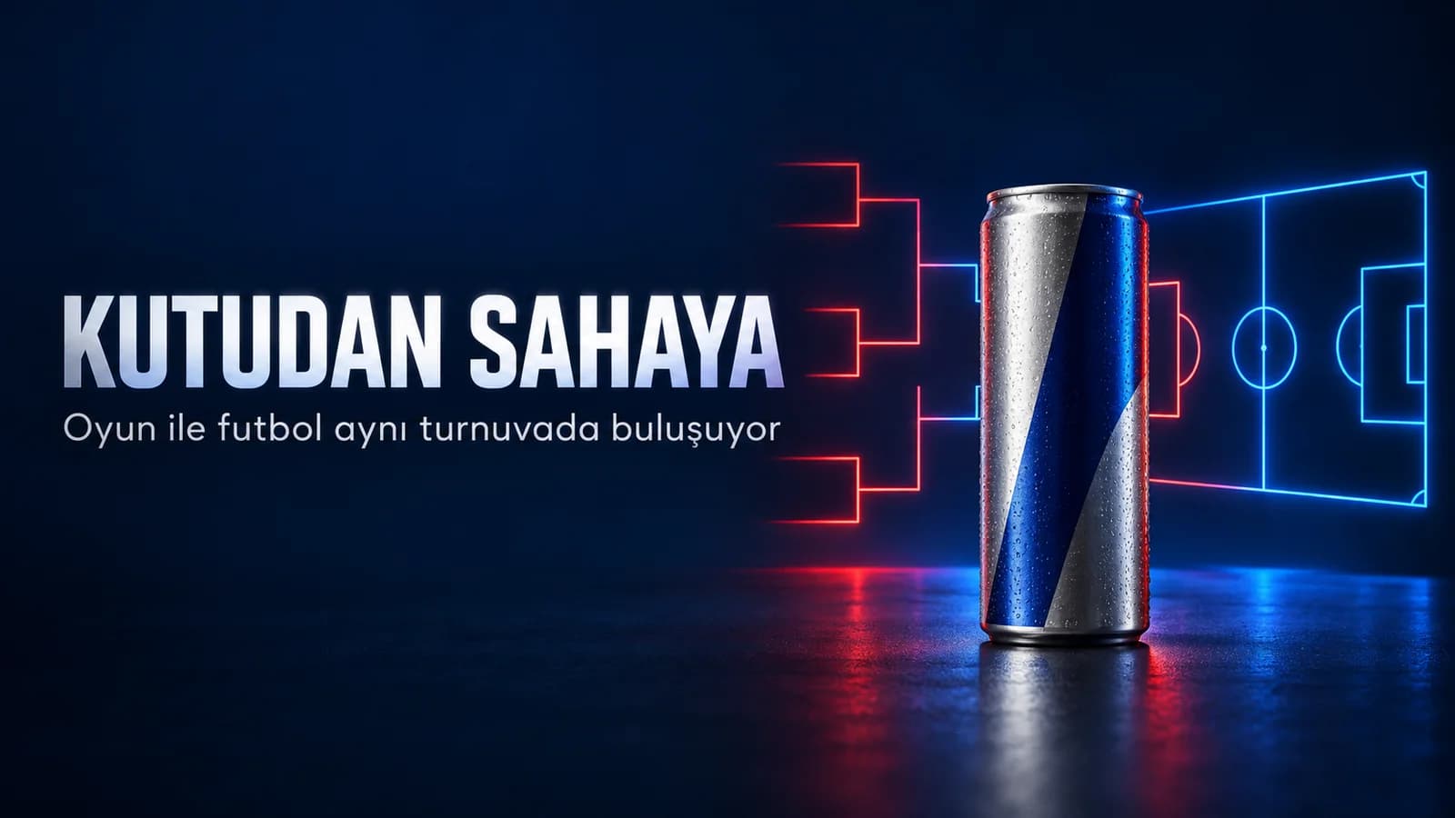 Enerji içeceği kutusundan turnuva şemasına ve futbol sahasına uzanan Wings Cup editoryal kapağı
