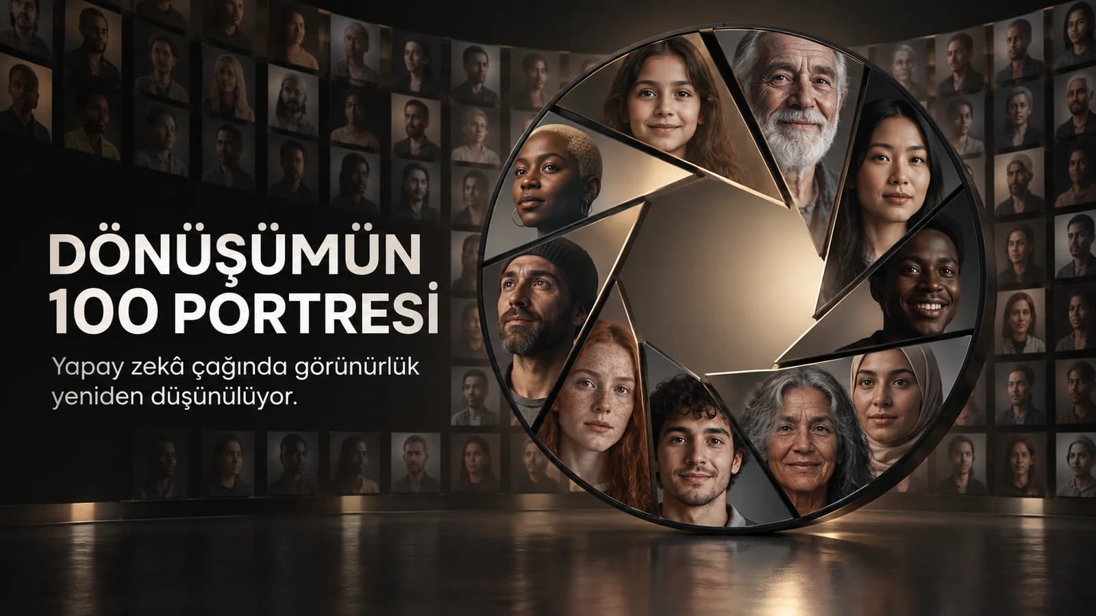 Farklı yaş ve ten tonlarından portrelerin bir kamera diyaframında birleştiğini gösteren editoryal kapak