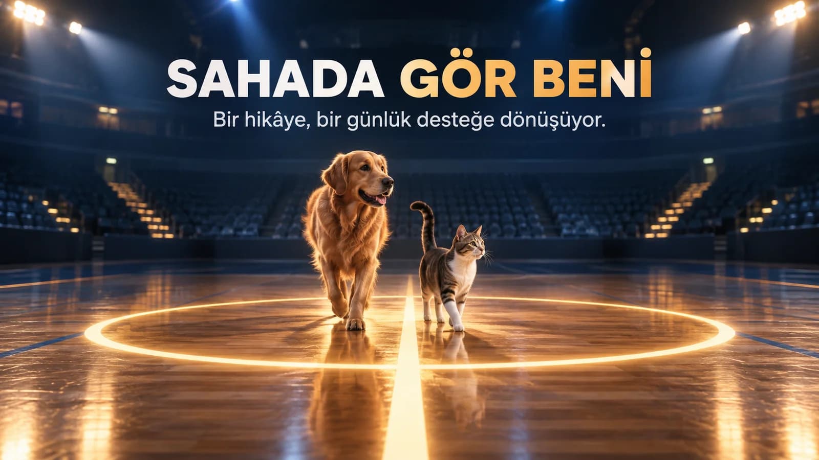 Basketbol sahasının orta çizgisinde güvenle yürüyen kedi ve köpeği gösteren editoryal kapak