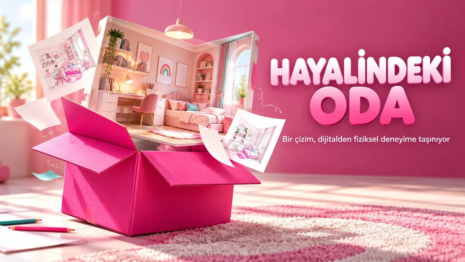 Pembe taşınma kutusundan yükselen çocuk odasını gösteren Hayalindeki Oda kapak görseli