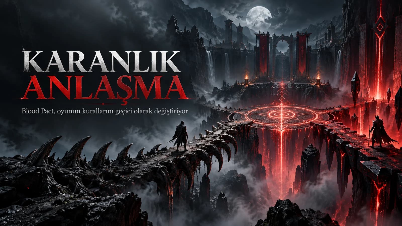Karanlık Anlaşma başlığıyla sisli bir kanyon arenasında iki karşıt yolu birleştiren kırmızı anlaşma mührünü gösteren kapak görseli
