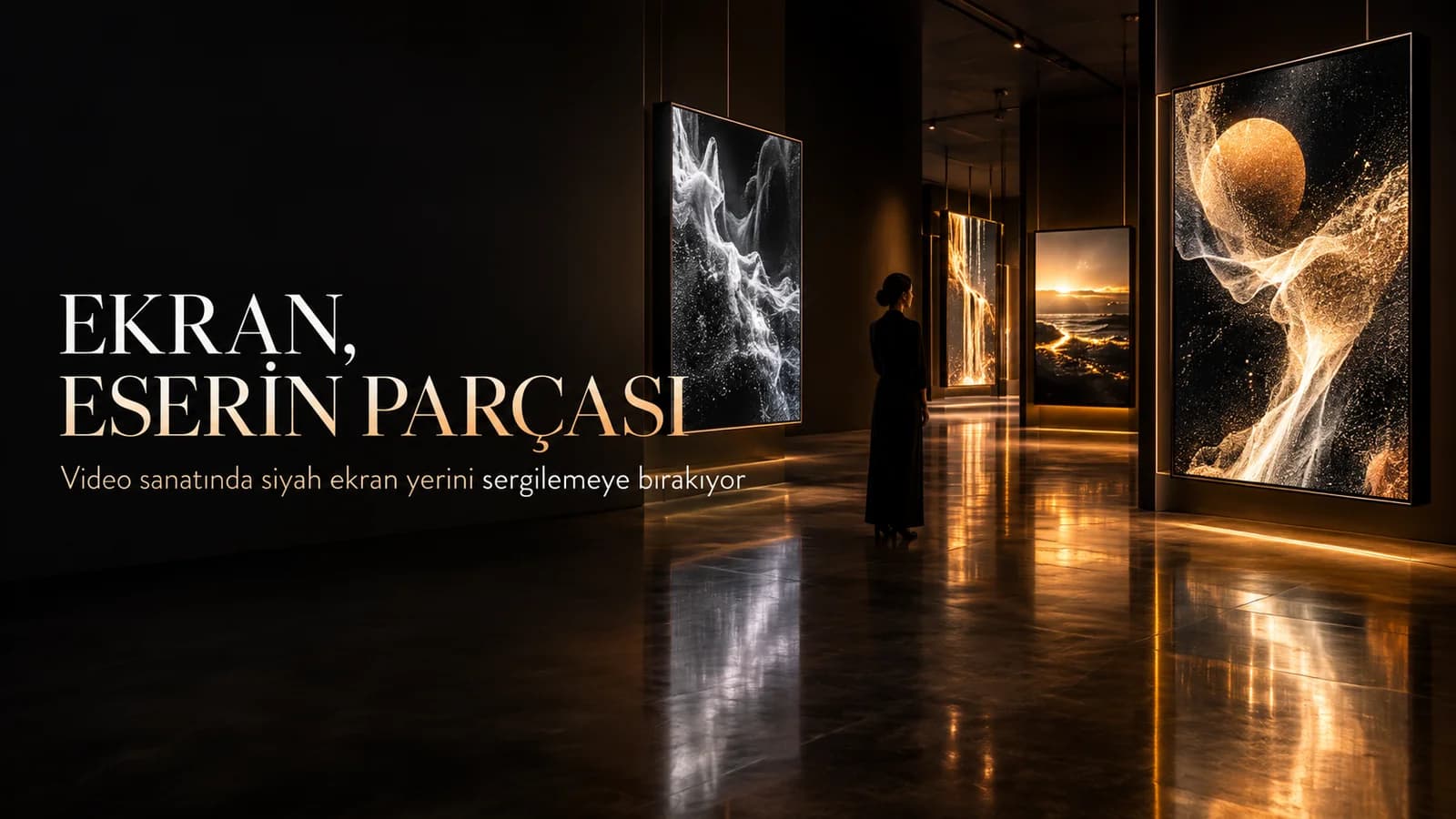 Işıklı ekranların sanat eserleri gibi sergilendiği karanlık galeri koridoru