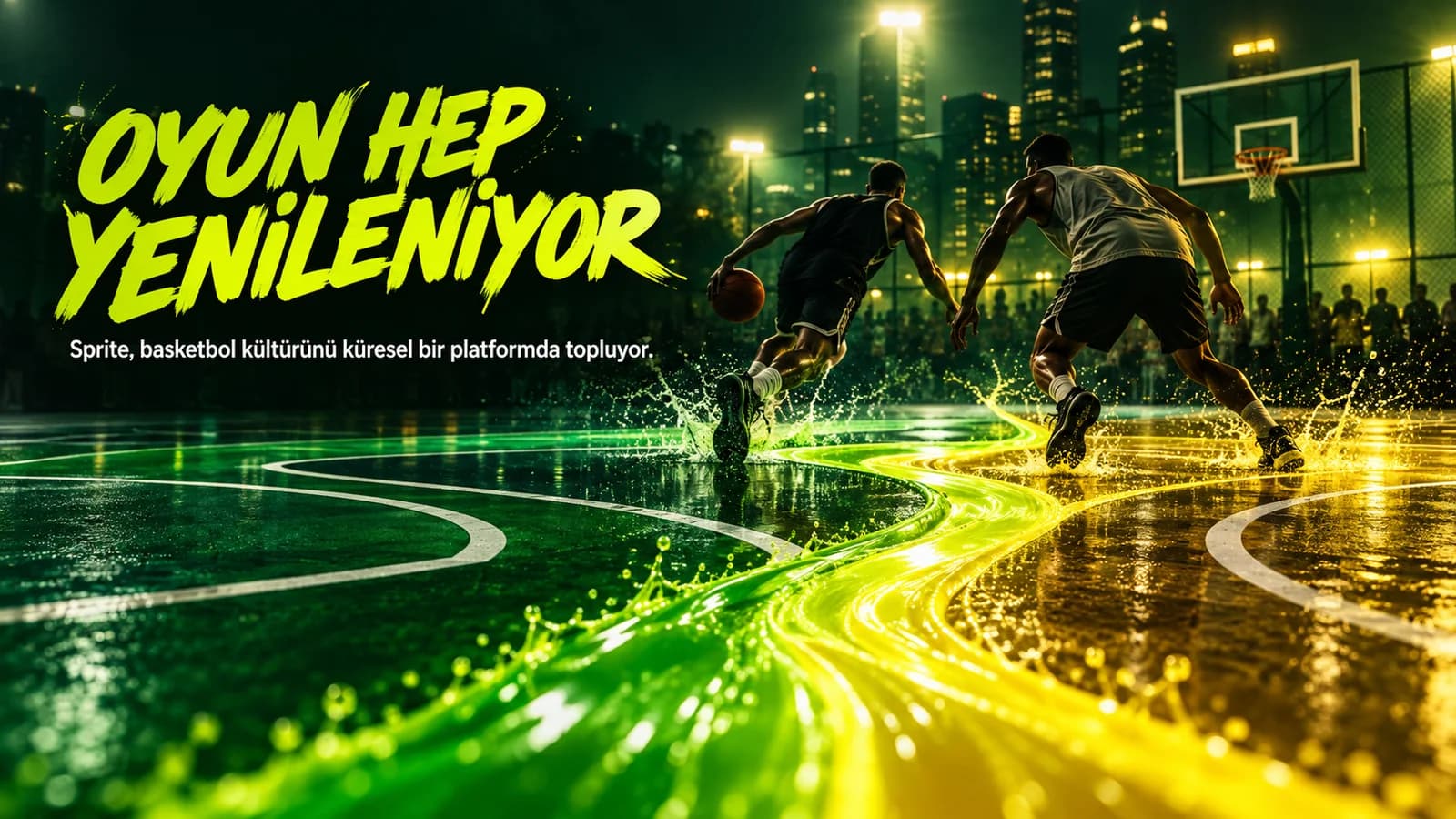 Gece basketbol sahasında yeşil ve sarı ışık yollarıyla ilerleyen iki oyuncu