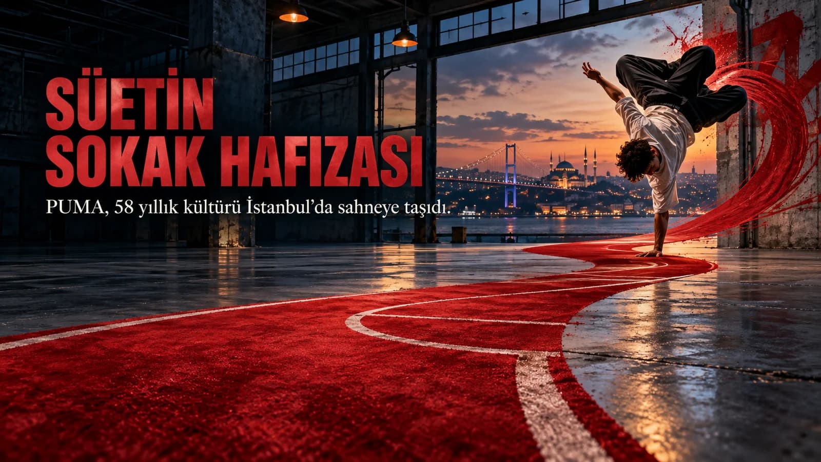 İstanbul manzaralı endüstriyel mekânda basketbol sahasına dönüşen kırmızı süet şerit ve break dansçı