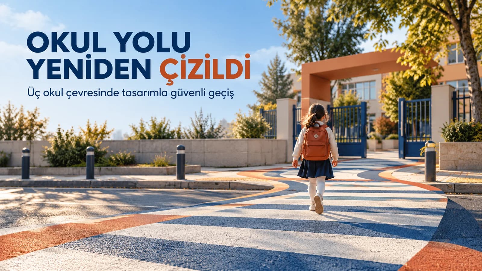 Yaya geçidinin renkli çizgilerle okul yoluna dönüştüğü, Okul Yolu Yeniden Çizildi başlıklı editoryal kapak