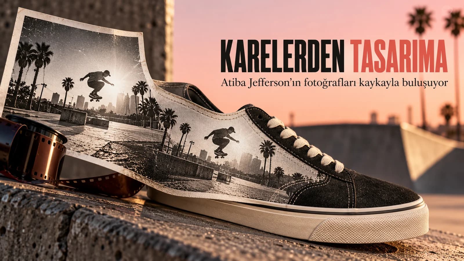 Kaykay fotoğrafının ayakkabı yüzeyine dönüştüğü Karelerden Tasarıma başlıklı kapak