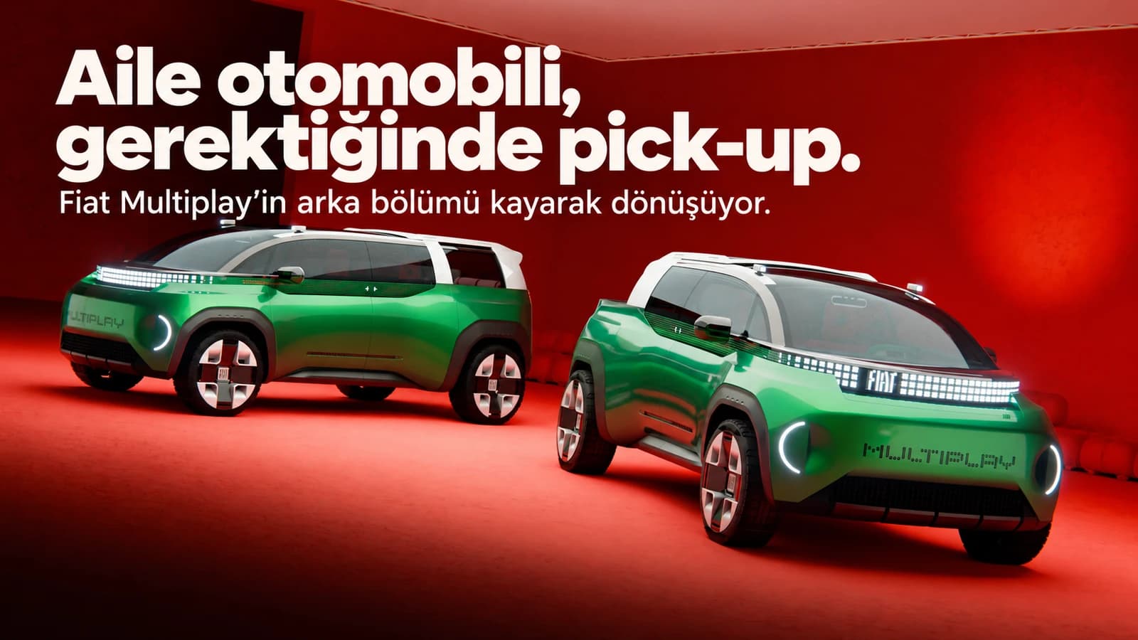 Kırmızı stüdyoda Fiat Multiplay konseptinin kapalı ve pick-up düzenlerini gösteren kaynak görsel üzerine hazırlanmış başlıklı kapak.