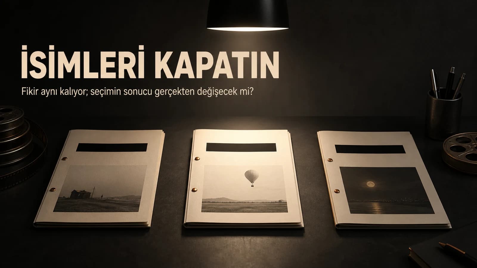 Işık masasındaki üç yönetmen treatment dosyasının isim bölümlerini örten siyah şeritler ve seçimi simgeleyen tek spot ışığı