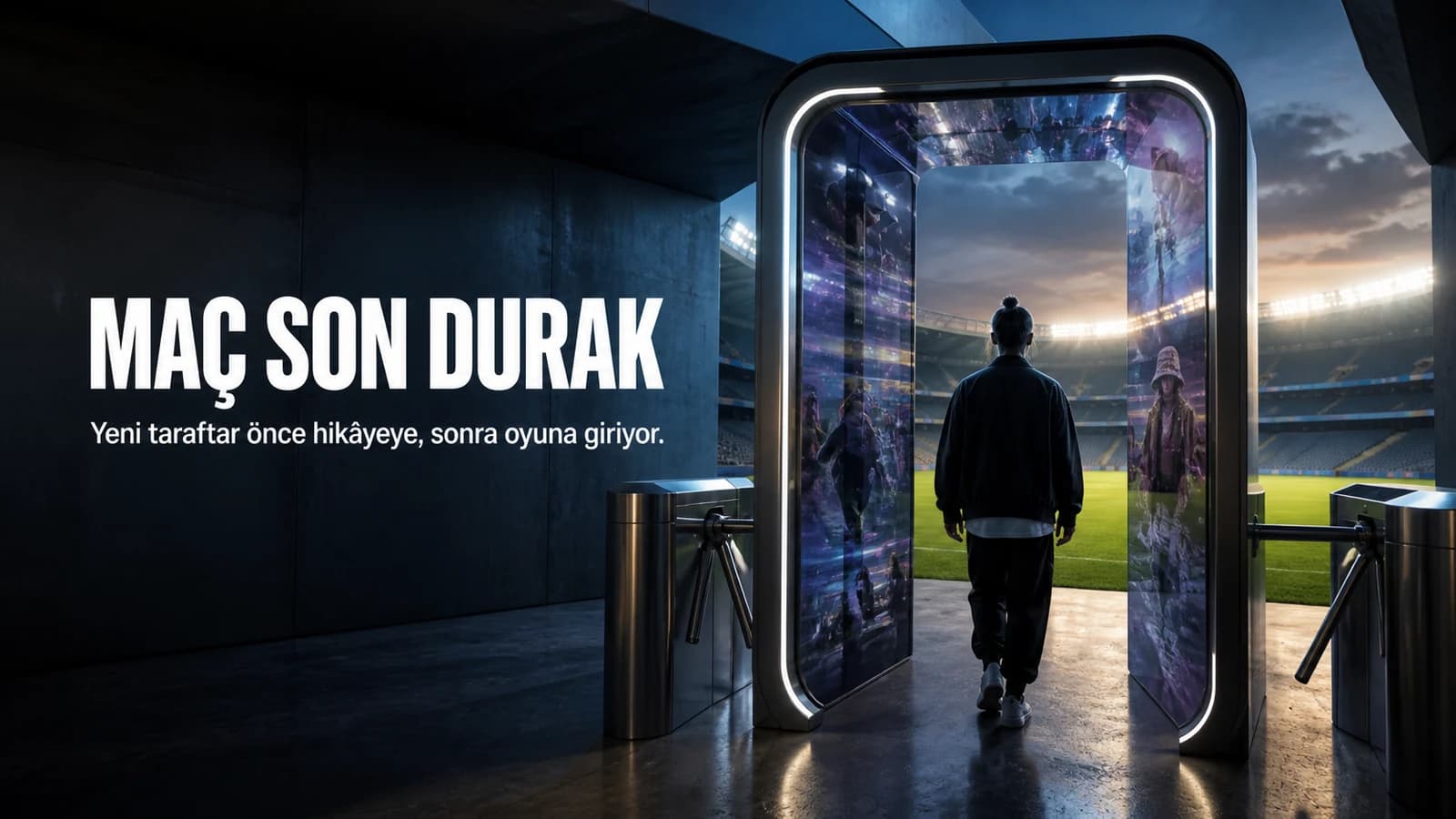 Stadyum turnikesi yerine dev bir dikey telefon ekranından sahaya giren genç taraftar silueti